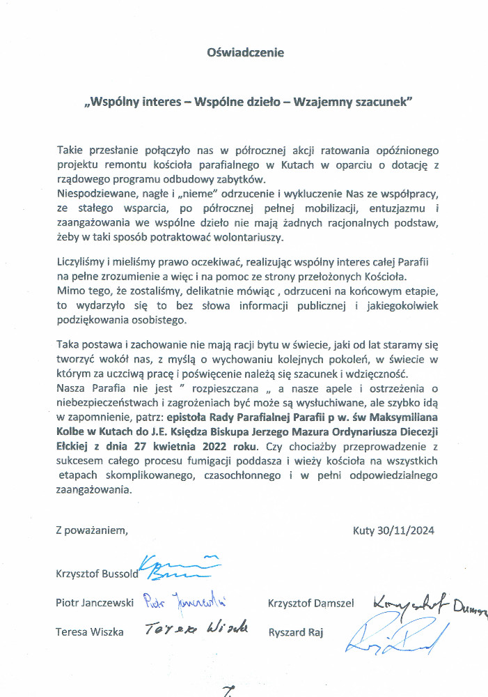oświadczenie parafian, zakończenie, dotacja, pismo,