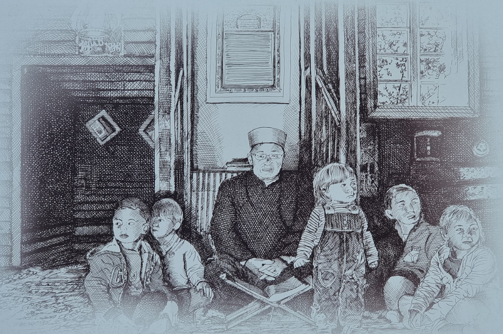 grafika, szkoła tatarska, nauczyciel, dzieci,